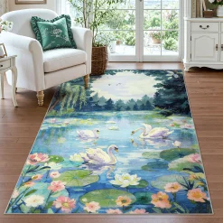 3x5/5x7 Swan Lake in oil painting style Area Rugs, Washable Living Room Runner Soft Non Slip Carpet, Oeko-Tex Certified