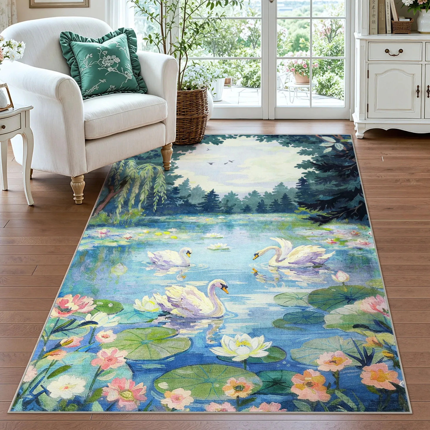 3x5/5x7 Swan Lake in oil painting style Area Rugs, Washable Living Room Runner Soft Non Slip Carpet, Oeko-Tex Certified