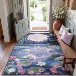 3x5/5x7 Swan Lake in oil painting style Area Rugs, Washable Living Room Runner Soft Non Slip Carpet, Oeko-Tex Certified