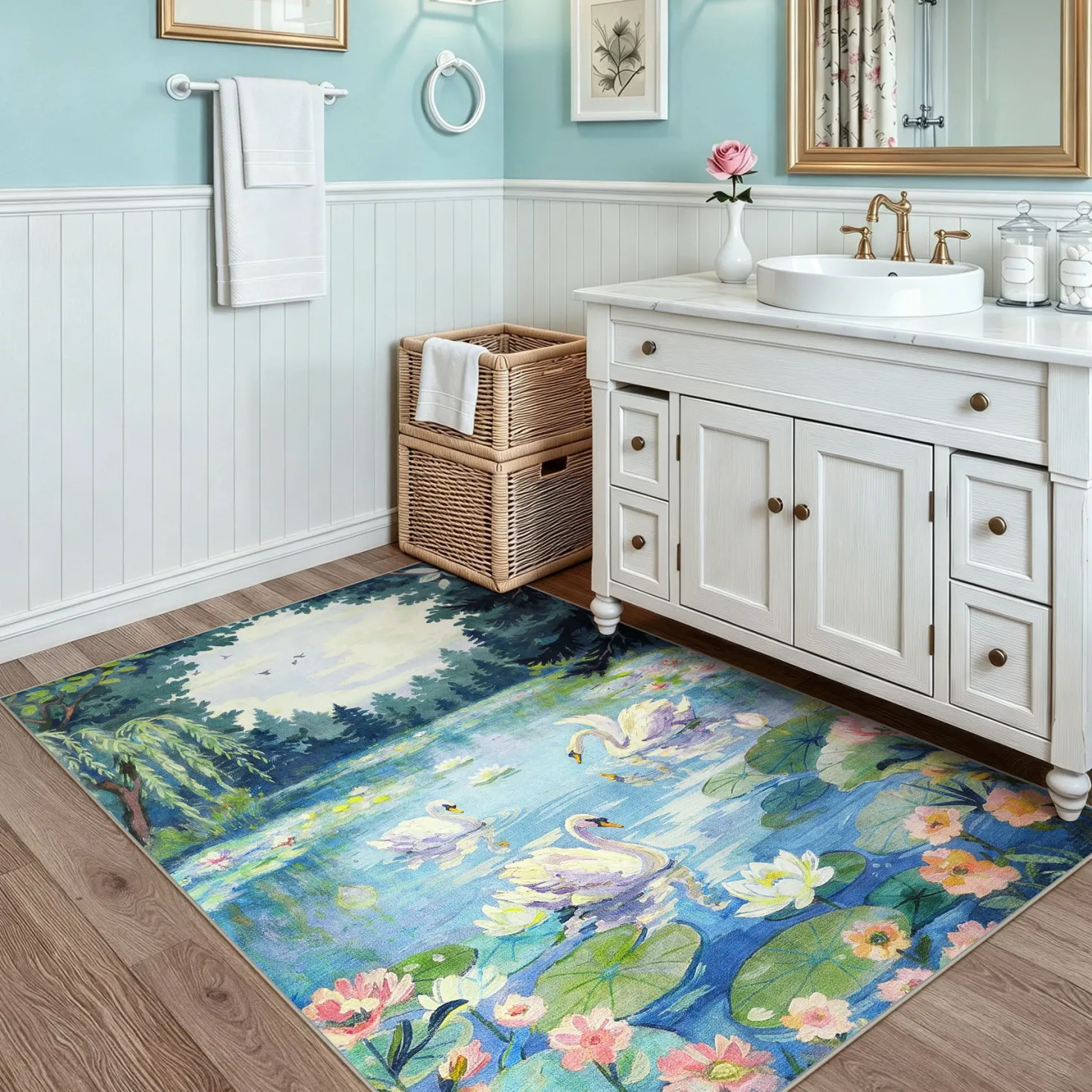 3x5/5x7 Swan Lake in oil painting style Area Rugs, Washable Living Room Runner Soft Non Slip Carpet, Oeko-Tex Certified