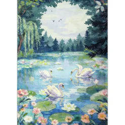 3x5/5x7 Swan Lake in oil painting style Area Rugs, Washable Living Room Runner Soft Non Slip Carpet, Oeko-Tex Certified