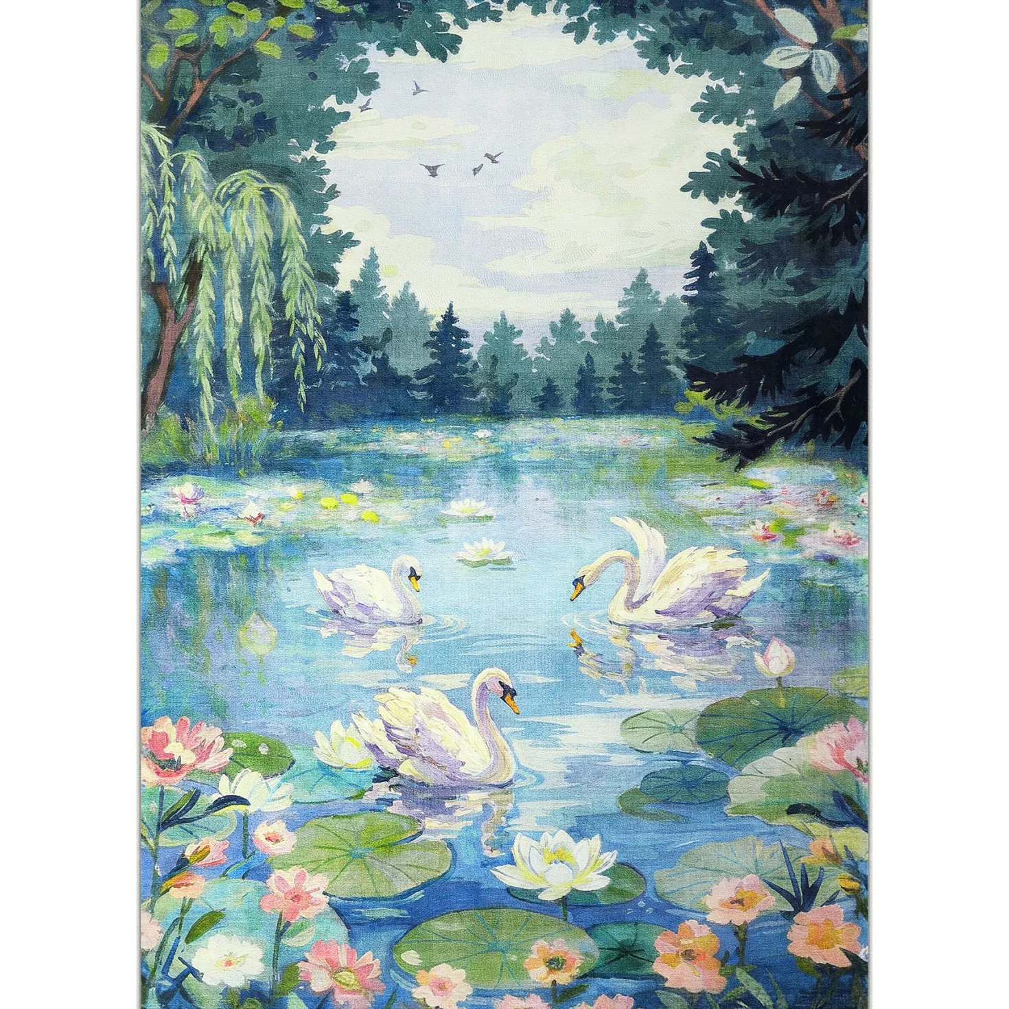 3x5/5x7 Swan Lake in oil painting style Area Rugs, Washable Living Room Runner Soft Non Slip Carpet, Oeko-Tex Certified