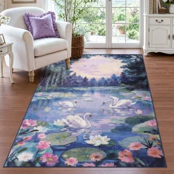 3x5/5x7 Swan Lake in oil painting style Area Rugs, Washable Living Room Runner Soft Non Slip Carpet, Oeko-Tex Certified