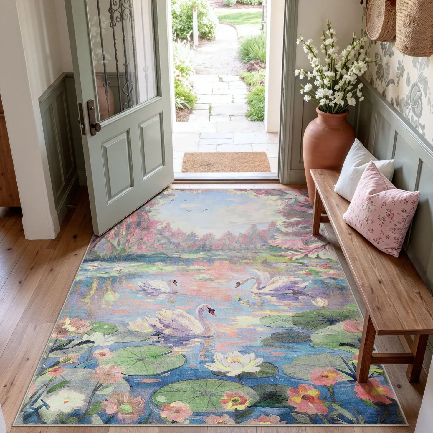 3x5/5x7 Swan Lake in oil painting style Area Rugs, Washable Living Room Runner Soft Non Slip Carpet, Oeko-Tex Certified