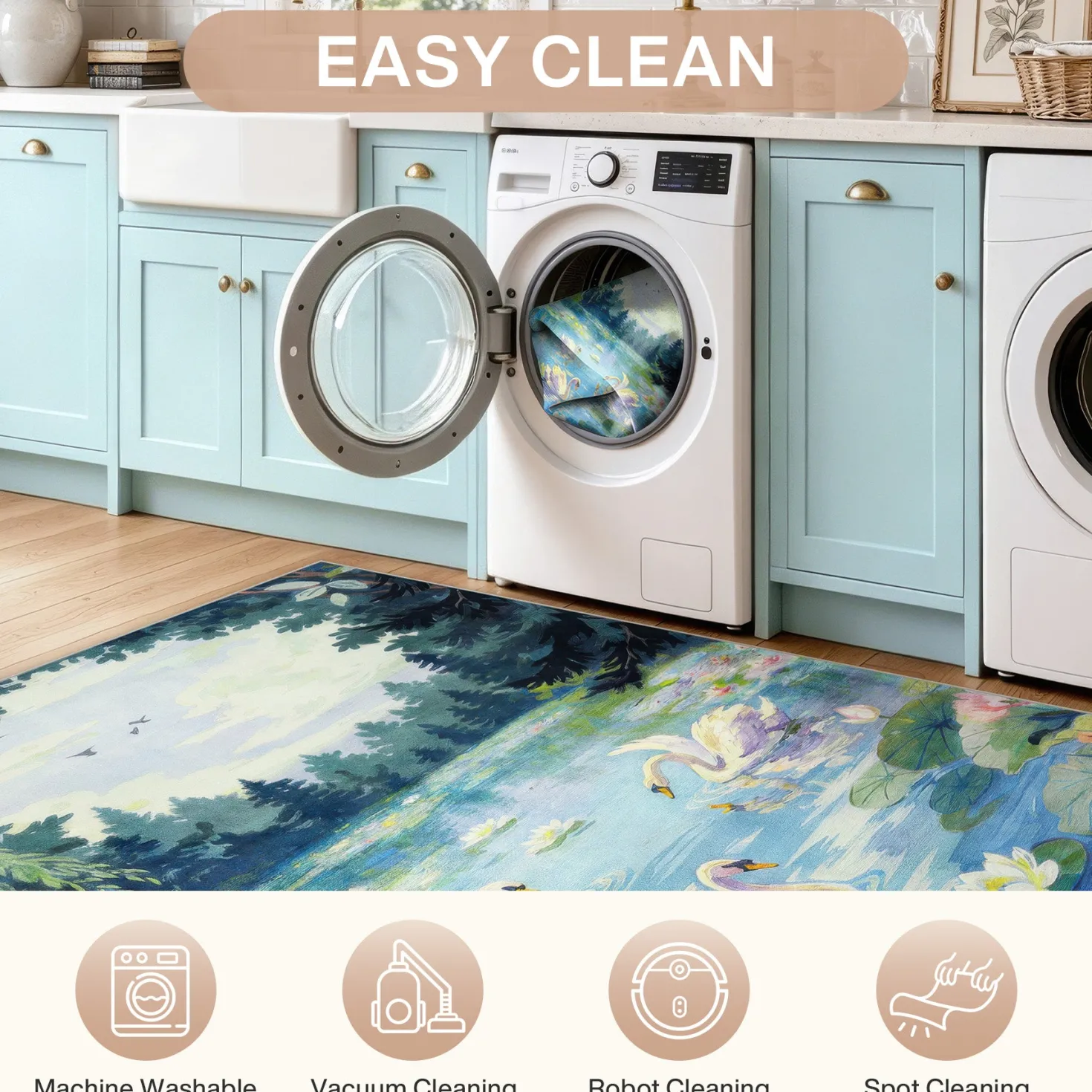 3x5/5x7 Swan Lake in oil painting style Area Rugs, Washable Living Room Runner Soft Non Slip Carpet, Oeko-Tex Certified