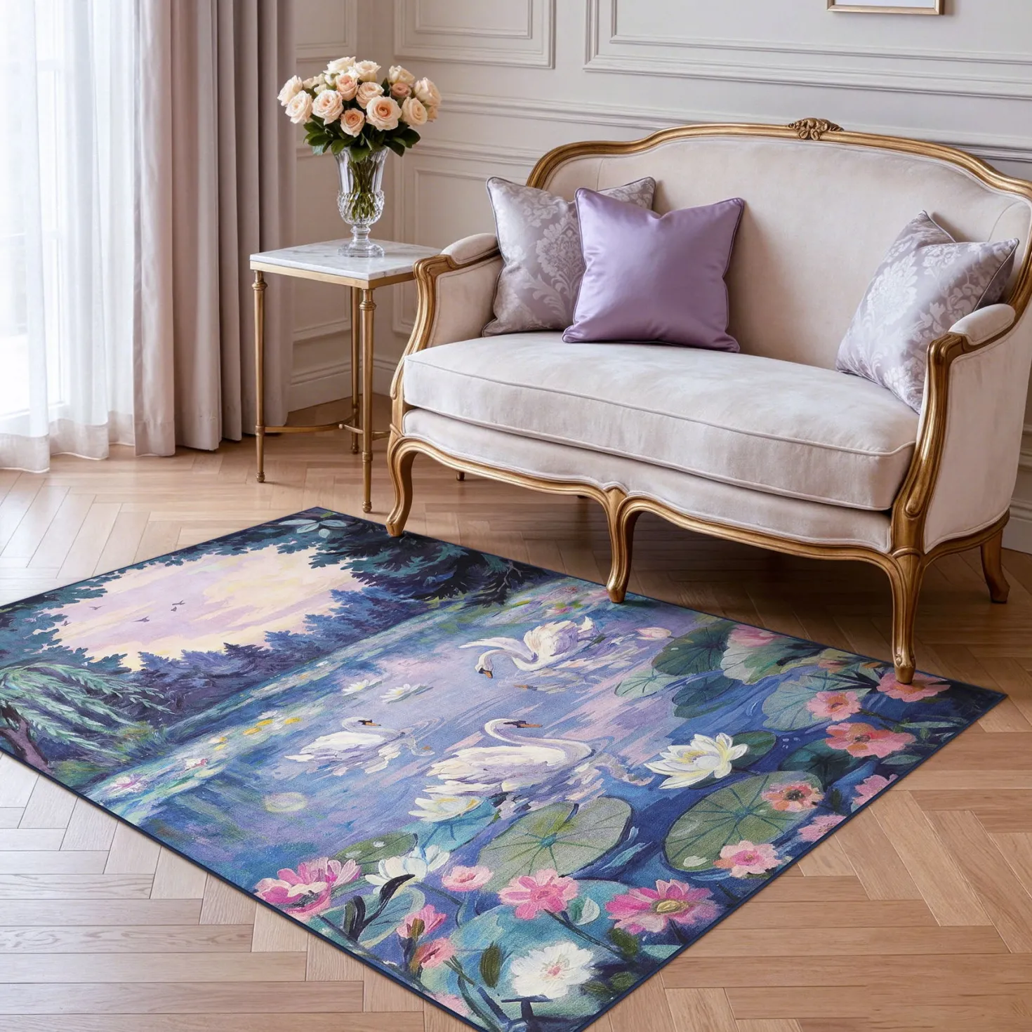 3x5/5x7 Swan Lake in oil painting style Area Rugs, Washable Living Room Runner Soft Non Slip Carpet, Oeko-Tex Certified