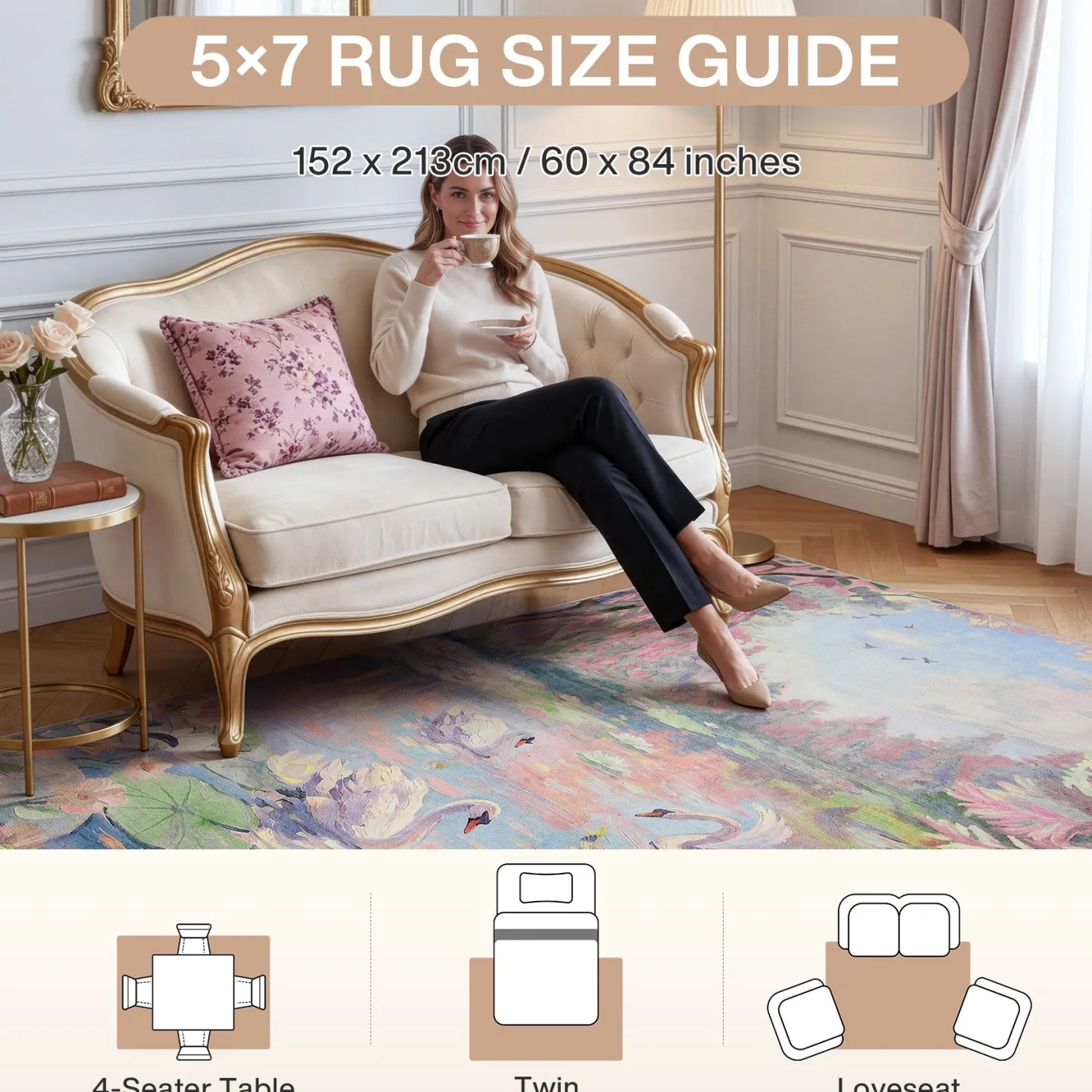 3x5/5x7 Swan Lake in oil painting style Area Rugs, Washable Living Room Runner Soft Non Slip Carpet, Oeko-Tex Certified