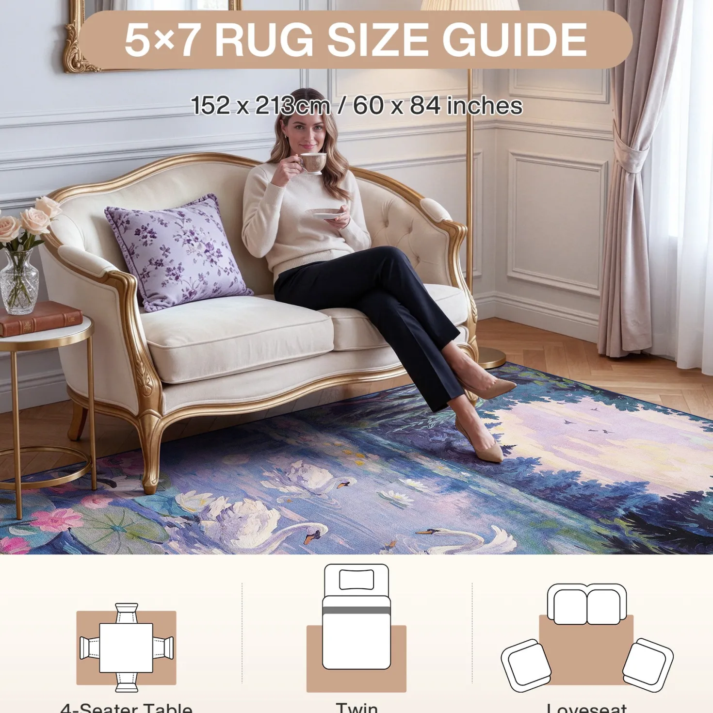 3x5/5x7 Swan Lake in oil painting style Area Rugs, Washable Living Room Runner Soft Non Slip Carpet, Oeko-Tex Certified