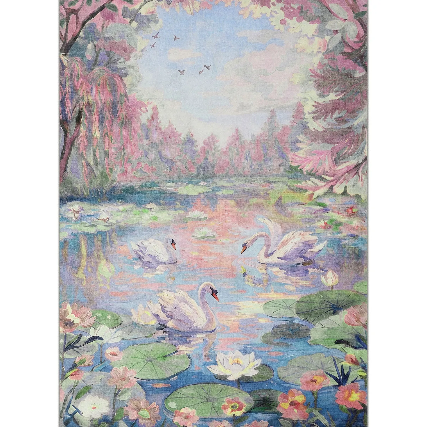 3x5/5x7 Swan Lake in oil painting style Area Rugs, Washable Living Room Runner Soft Non Slip Carpet, Oeko-Tex Certified