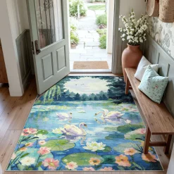 3x5/5x7 Swan Lake in oil painting style Area Rugs, Washable Living Room Runner Soft Non Slip Carpet, Oeko-Tex Certified