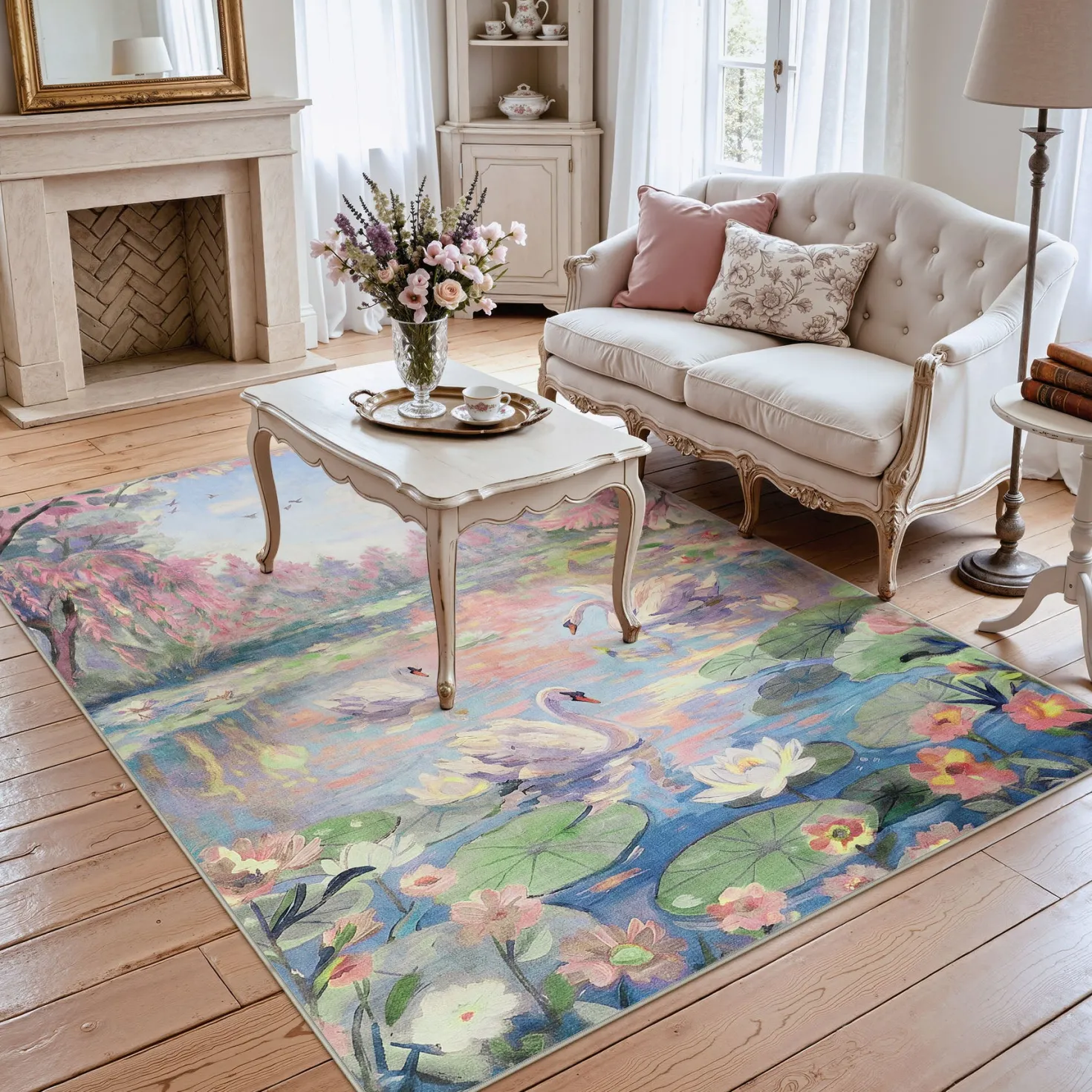 3x5/5x7 Swan Lake in oil painting style Area Rugs, Washable Living Room Runner Soft Non Slip Carpet, Oeko-Tex Certified