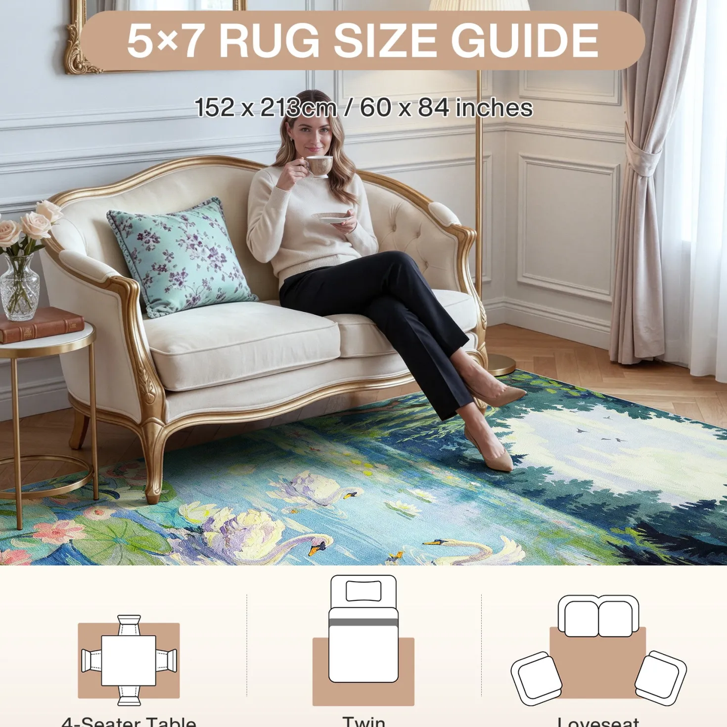 3x5/5x7 Swan Lake in oil painting style Area Rugs, Washable Living Room Runner Soft Non Slip Carpet, Oeko-Tex Certified