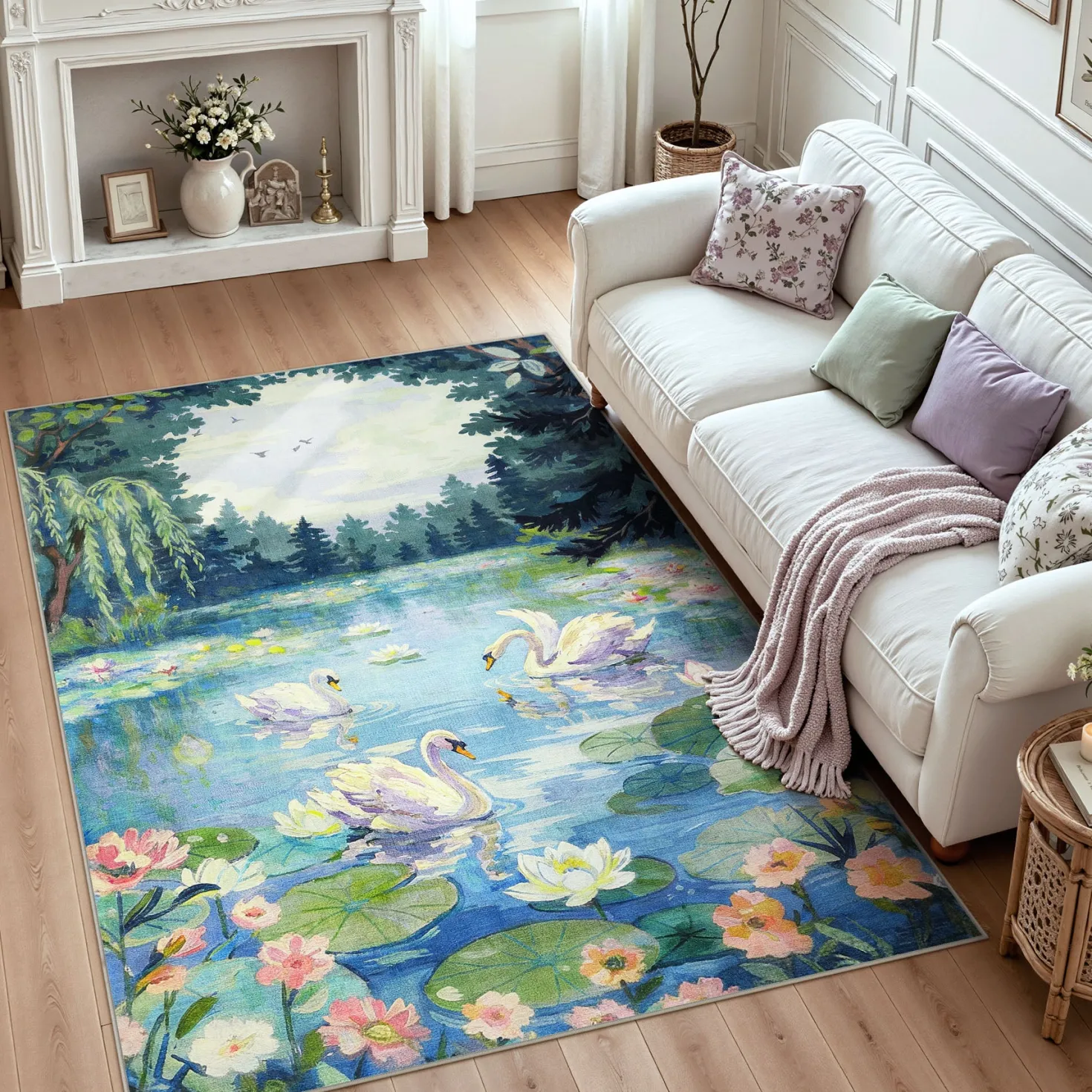 3x5/5x7 Swan Lake in oil painting style Area Rugs, Washable Living Room Runner Soft Non Slip Carpet, Oeko-Tex Certified
