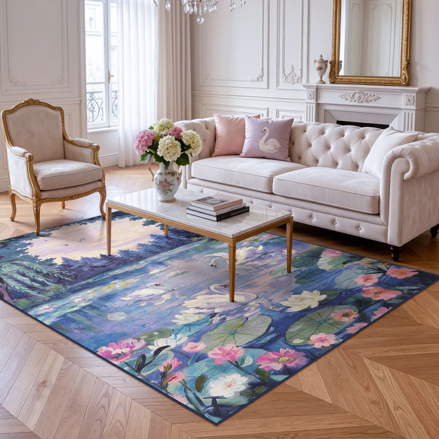 3x5/5x7 Swan Lake in oil painting style Area Rugs, Washable Living Room Runner Soft Non Slip Carpet, Oeko-Tex Certified