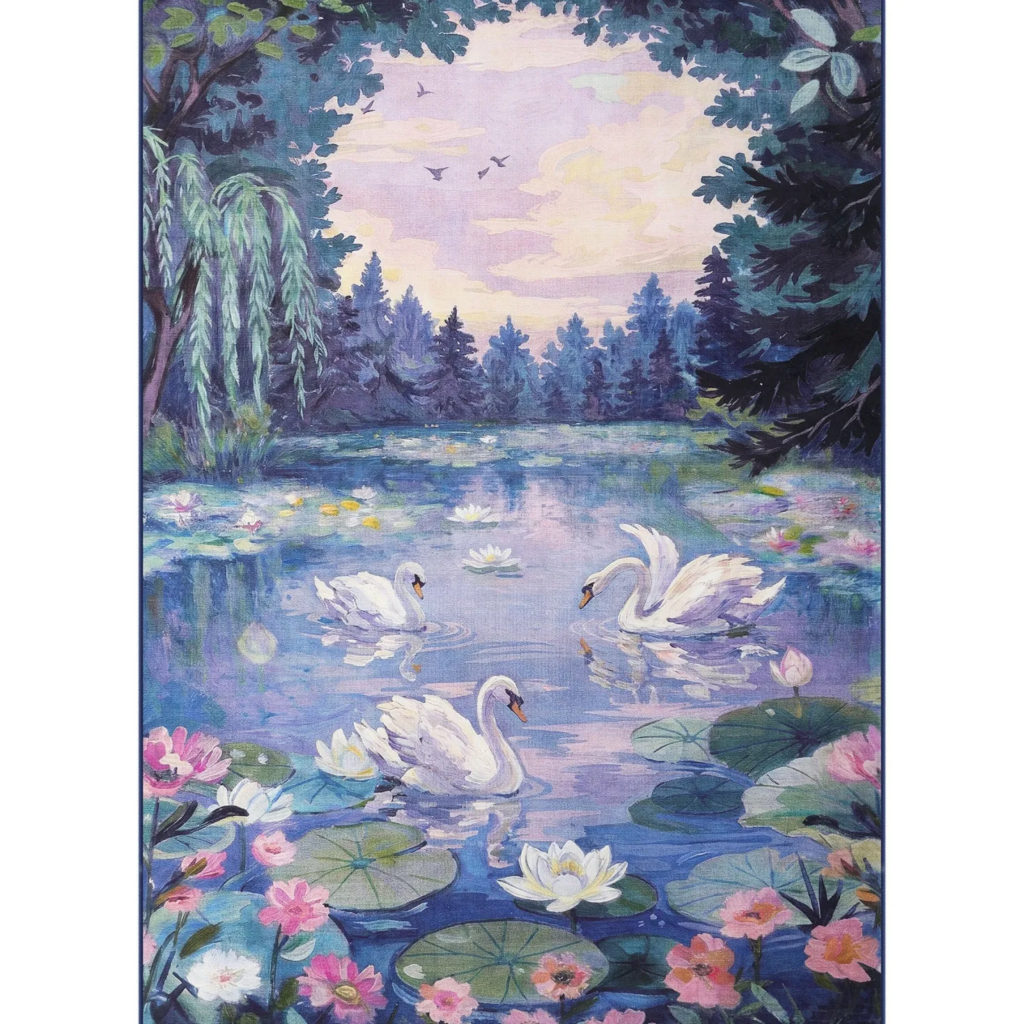 3x5/5x7 Swan Lake in oil painting style Area Rugs, Washable Living Room Runner Soft Non Slip Carpet, Oeko-Tex Certified
