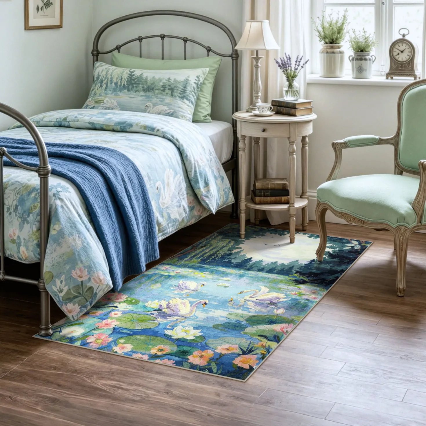 3x5/5x7 Swan Lake in oil painting style Area Rugs, Washable Living Room Runner Soft Non Slip Carpet, Oeko-Tex Certified
