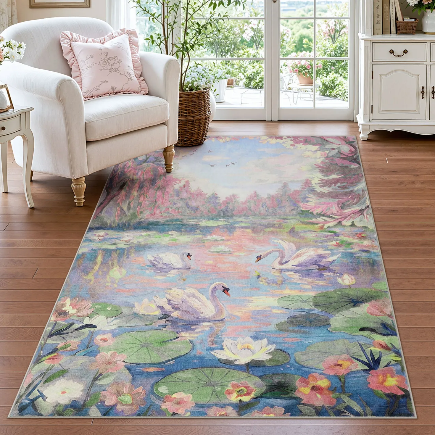 3x5/5x7 Swan Lake in oil painting style Area Rugs, Washable Living Room Runner Soft Non Slip Carpet, Oeko-Tex Certified