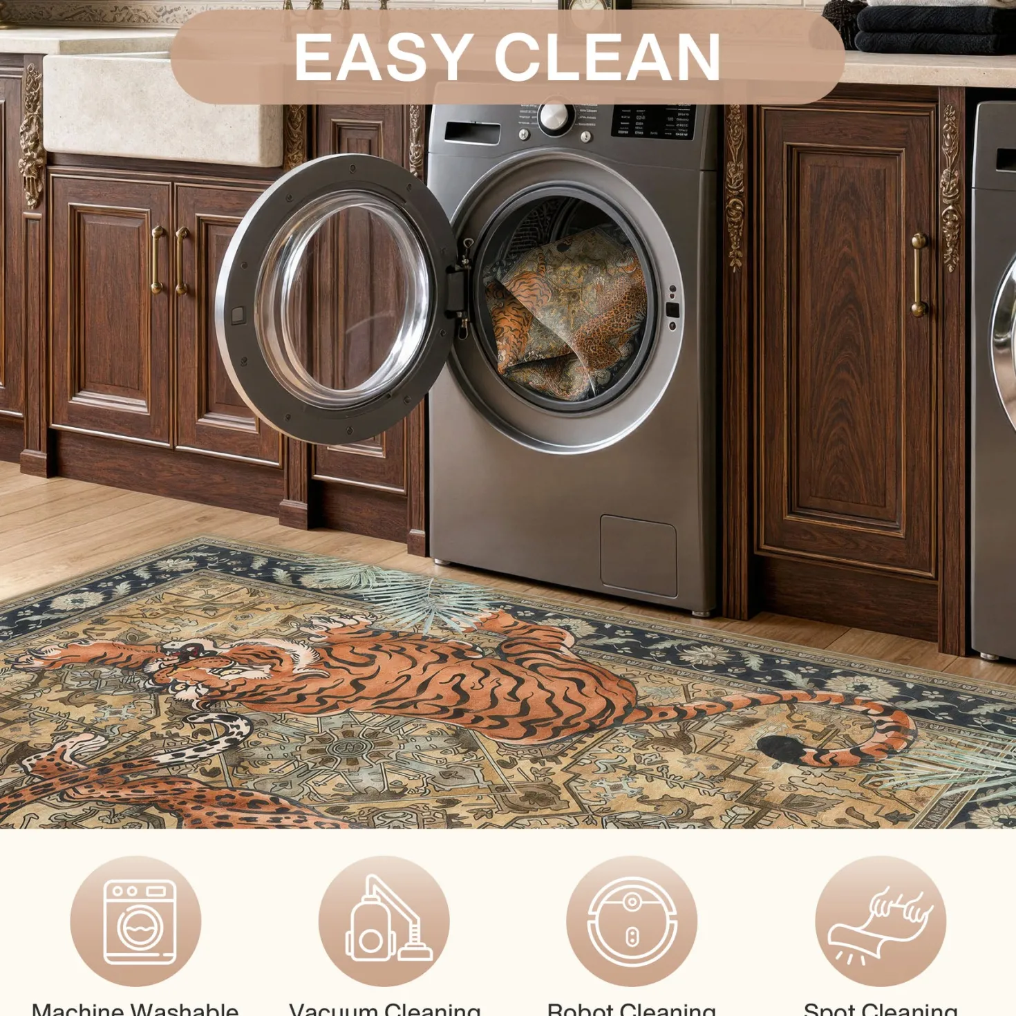 5x7/8x10 Tiger Leopard Print Area Rug, Boho Animal Washable Soft Low Pile Indoor Carpet, Oeko-Tex Certified
