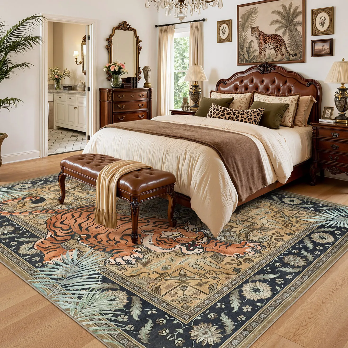 5x7/8x10 Tiger Leopard Print Area Rug, Boho Animal Washable Soft Low Pile Indoor Carpet, Oeko-Tex Certified