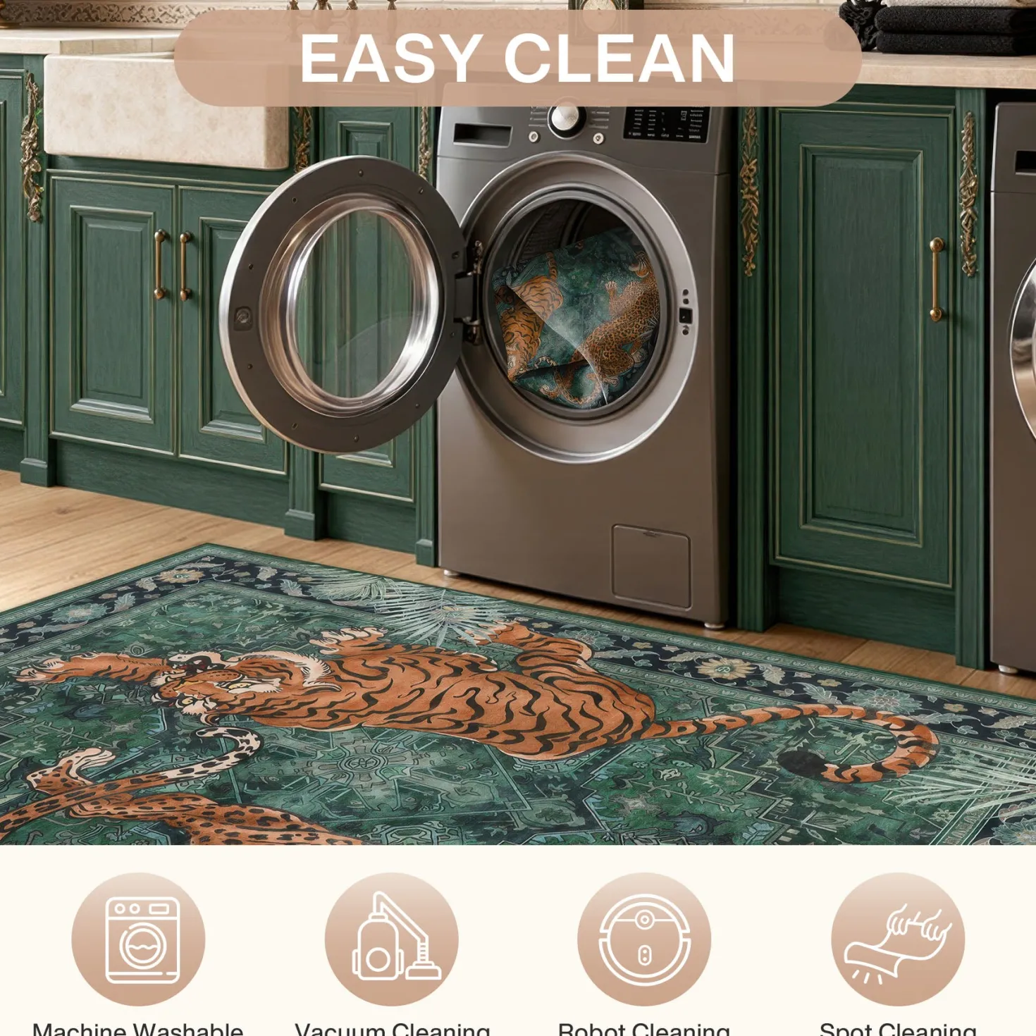 5x7/8x10 Tiger Leopard Print Area Rug, Boho Animal Washable Soft Low Pile Indoor Carpet, Oeko-Tex Certified