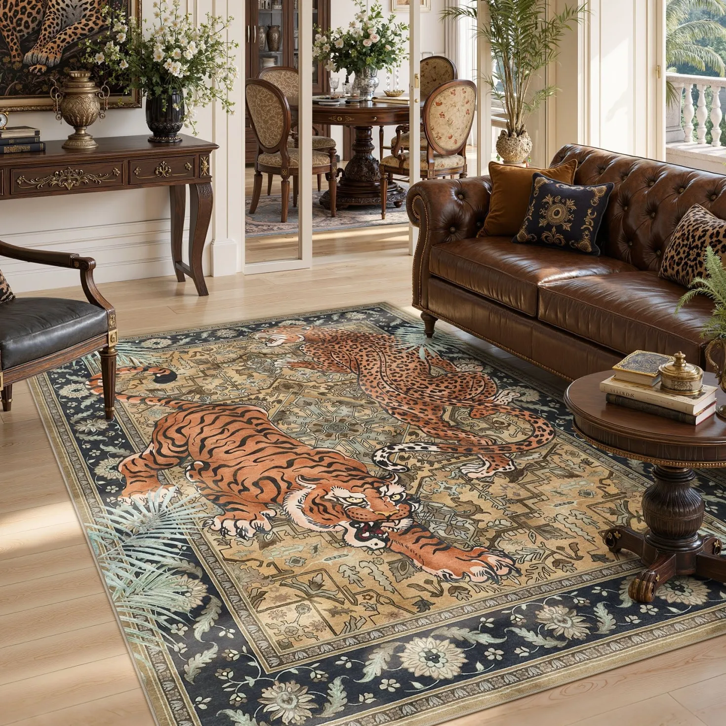 5x7/8x10 Tiger Leopard Print Area Rug, Boho Animal Washable Soft Low Pile Indoor Carpet, Oeko-Tex Certified