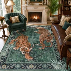 5x7/8x10 Tiger Leopard Print Area Rug, Boho Animal Washable Soft Low Pile Indoor Carpet, Oeko-Tex Certified