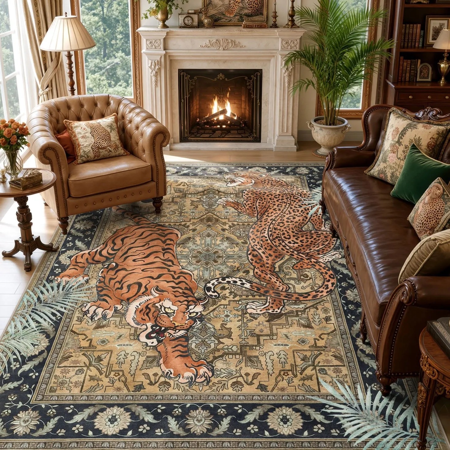 5x7/8x10 Tiger Leopard Print Area Rug, Boho Animal Washable Soft Low Pile Indoor Carpet, Oeko-Tex Certified