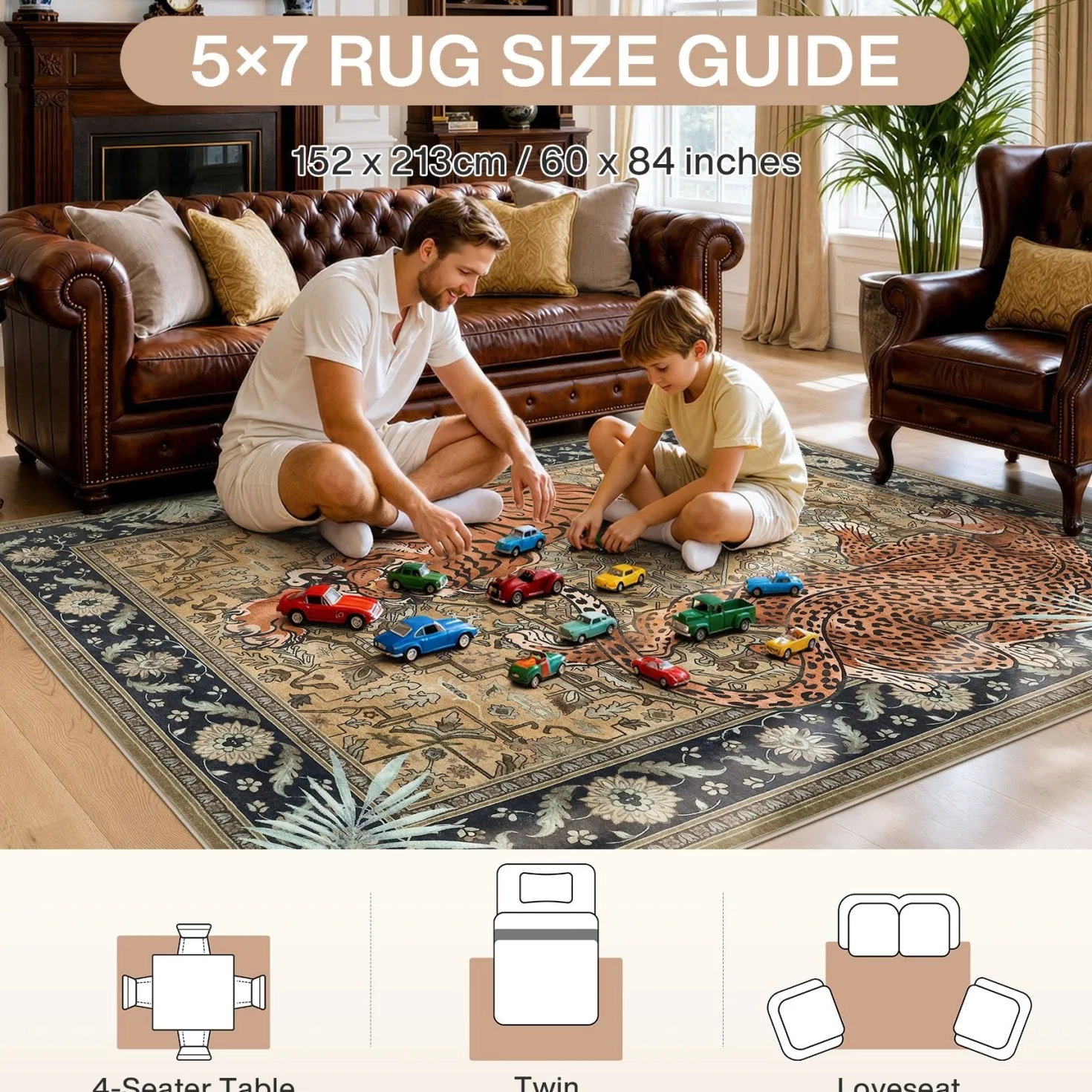5x7/8x10 Tiger Leopard Print Area Rug, Boho Animal Washable Soft Low Pile Indoor Carpet, Oeko-Tex Certified
