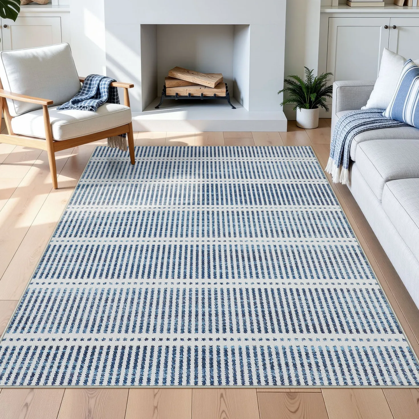 3x5/5x7 Ultra Thin Washable Area Rugs, Modern Non-Slip Striped Farmhouse Soft Indoor Carpet for Bedside Living Room, Oeko-Tex Certified