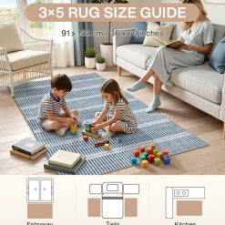 3x5/5x7 Ultra Thin Washable Area Rugs, Modern Non-Slip Striped Farmhouse Soft Indoor Carpet for Bedside Living Room, Oeko-Tex Certified