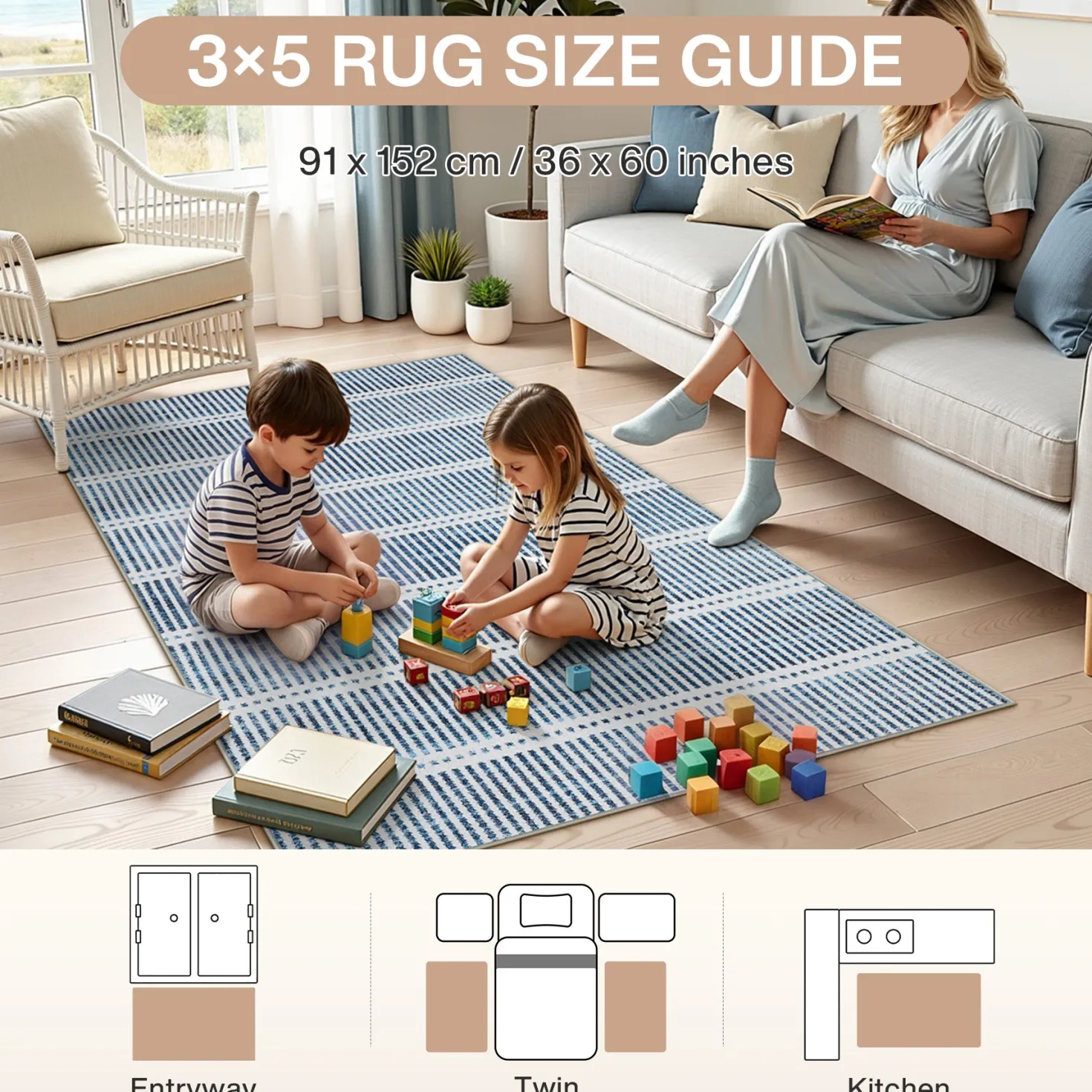 3x5/5x7 Ultra Thin Washable Area Rugs, Modern Non-Slip Striped Farmhouse Soft Indoor Carpet for Bedside Living Room, Oeko-Tex Certified