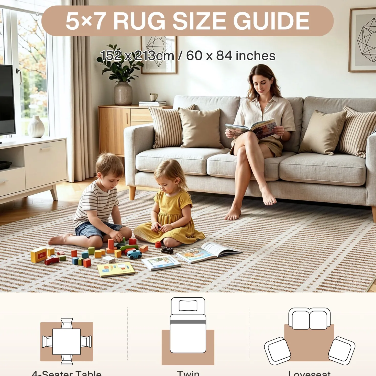3x5/5x7 Ultra Thin Washable Area Rugs, Modern Non-Slip Striped Farmhouse Soft Indoor Carpet for Bedside Living Room, Oeko-Tex Certified