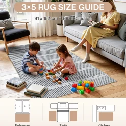 3x5/5x7 Ultra Thin Washable Area Rugs, Modern Non-Slip Striped Farmhouse Soft Indoor Carpet for Bedside Living Room, Oeko-Tex Certified