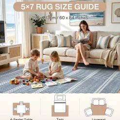 3x5/5x7 Ultra Thin Washable Area Rugs, Modern Non-Slip Striped Farmhouse Soft Indoor Carpet for Bedside Living Room, Oeko-Tex Certified