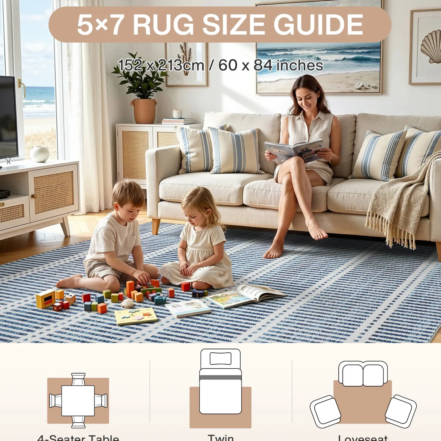 3x5/5x7 Ultra Thin Washable Area Rugs, Modern Non-Slip Striped Farmhouse Soft Indoor Carpet for Bedside Living Room, Oeko-Tex Certified
