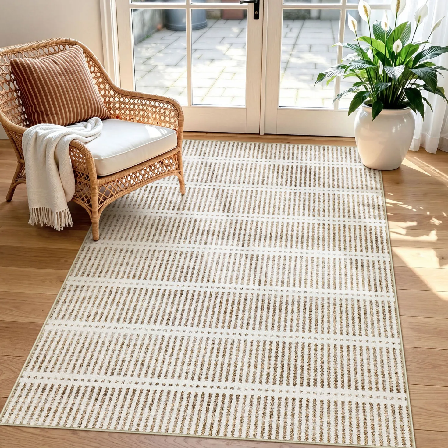 3x5/5x7 Ultra Thin Washable Area Rugs, Modern Non-Slip Striped Farmhouse Soft Indoor Carpet for Bedside Living Room, Oeko-Tex Certified