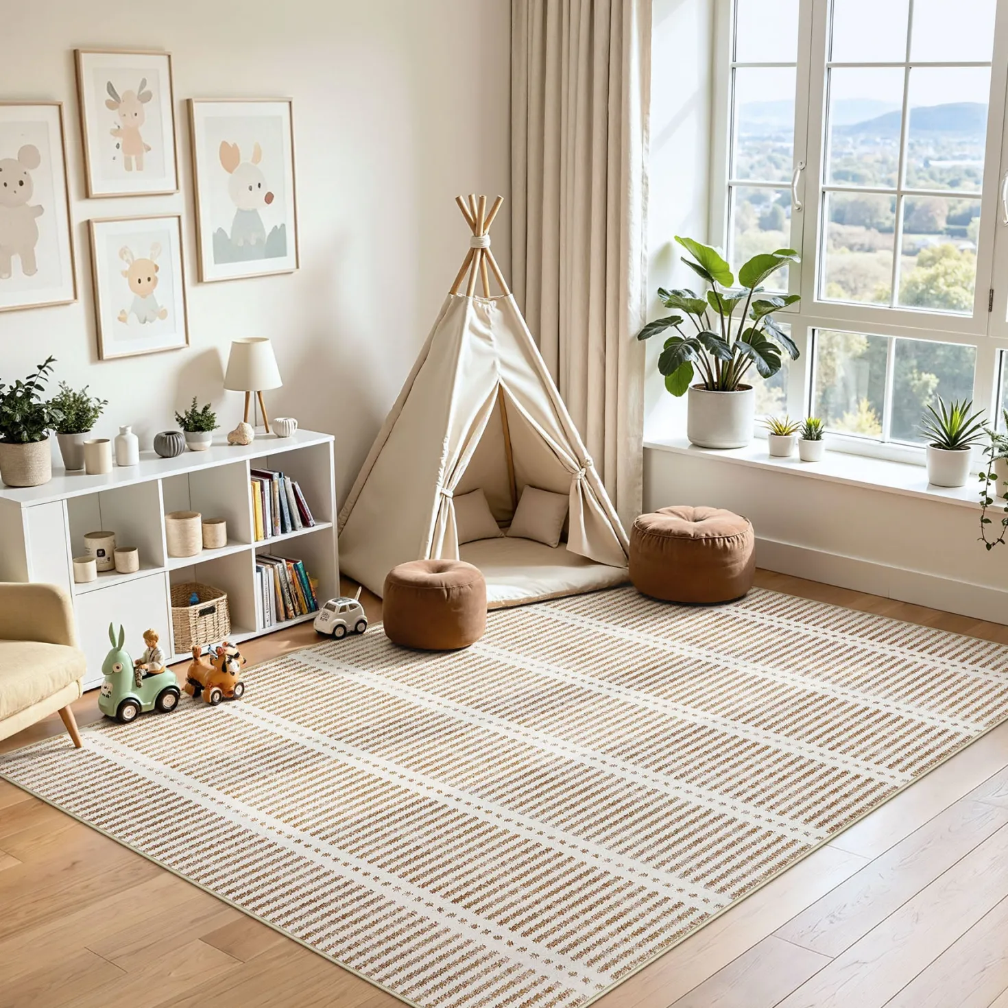 3x5/5x7 Ultra Thin Washable Area Rugs, Modern Non-Slip Striped Farmhouse Soft Indoor Carpet for Bedside Living Room, Oeko-Tex Certified