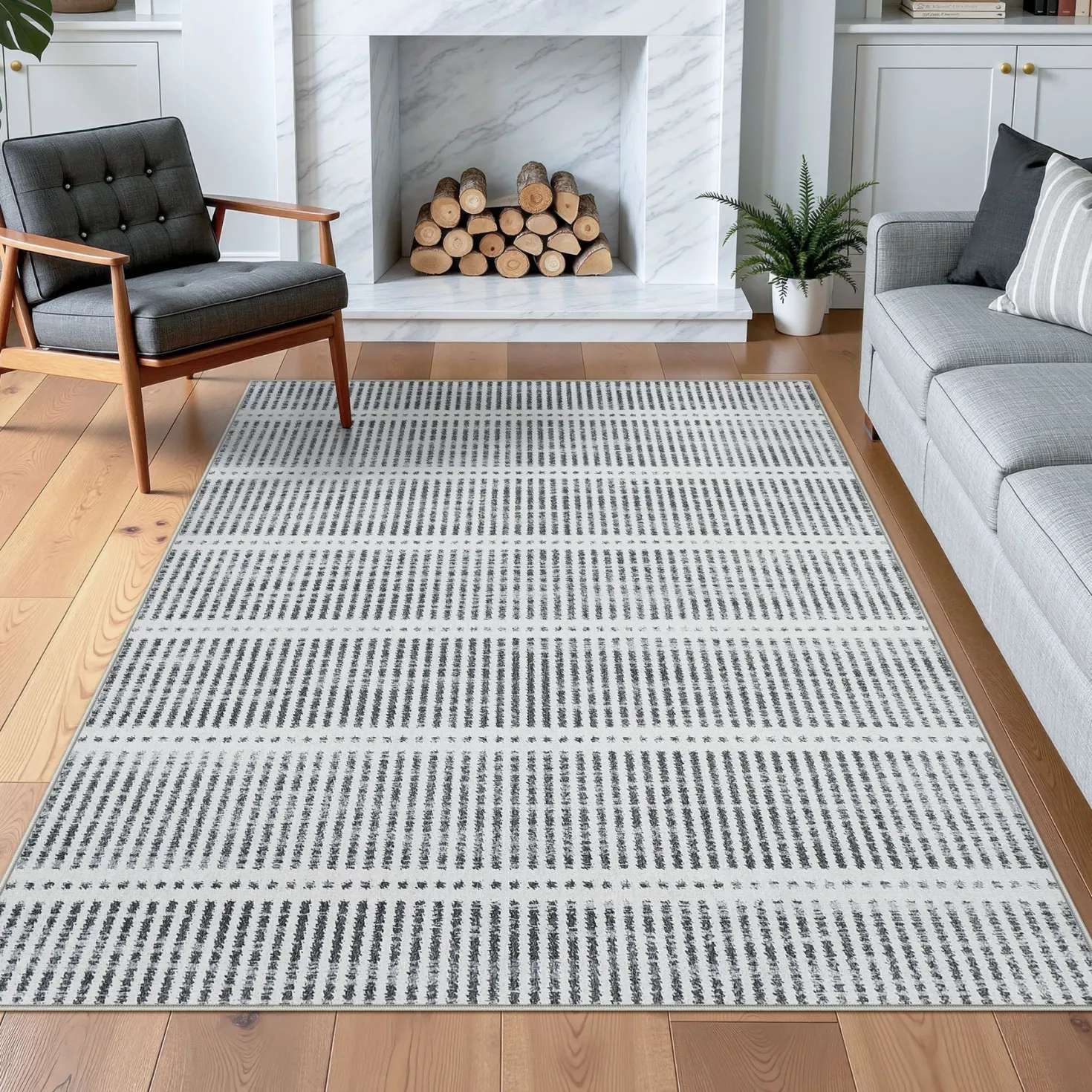 3x5/5x7 Ultra Thin Washable Area Rugs, Modern Non-Slip Striped Farmhouse Soft Indoor Carpet for Bedside Living Room, Oeko-Tex Certified