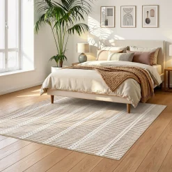 3x5/5x7 Ultra Thin Washable Area Rugs, Modern Non-Slip Striped Farmhouse Soft Indoor Carpet for Bedside Living Room, Oeko-Tex Certified