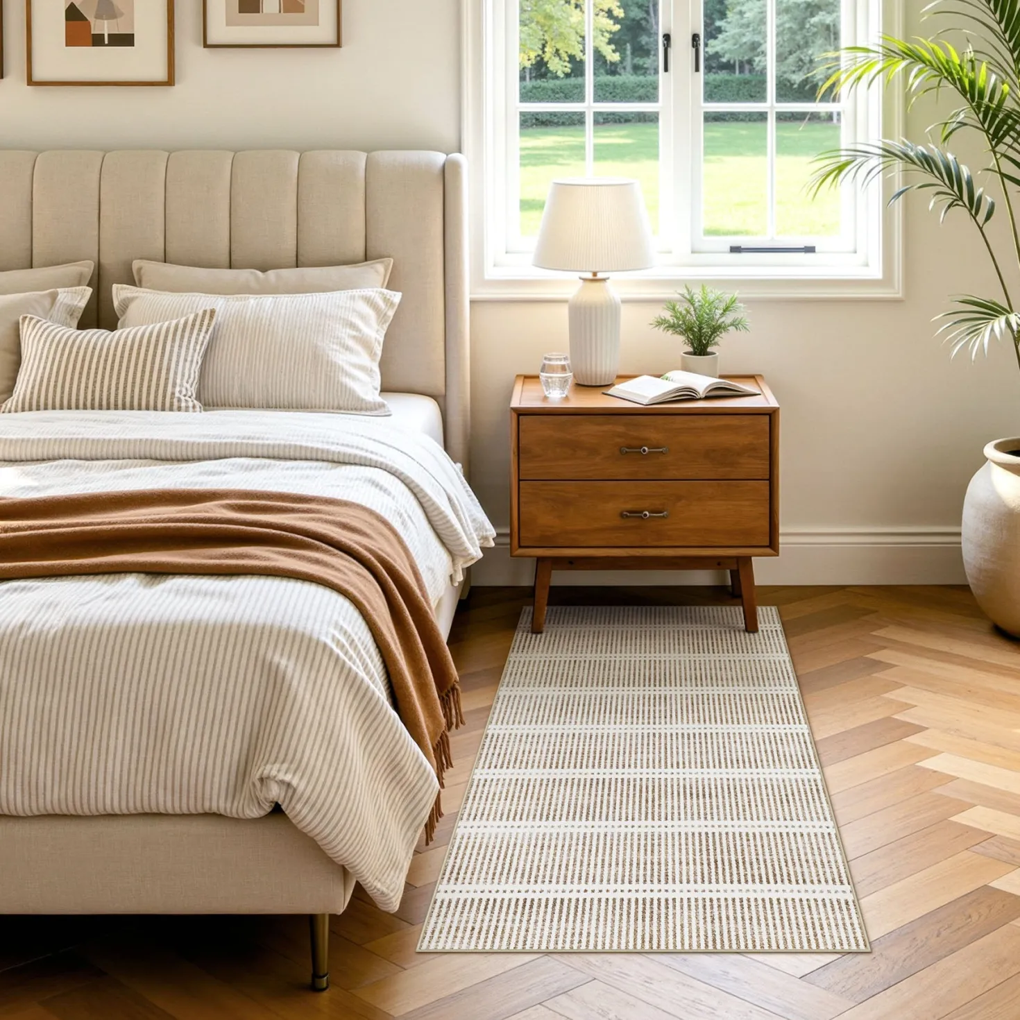 3x5/5x7 Ultra Thin Washable Area Rugs, Modern Non-Slip Striped Farmhouse Soft Indoor Carpet for Bedside Living Room, Oeko-Tex Certified