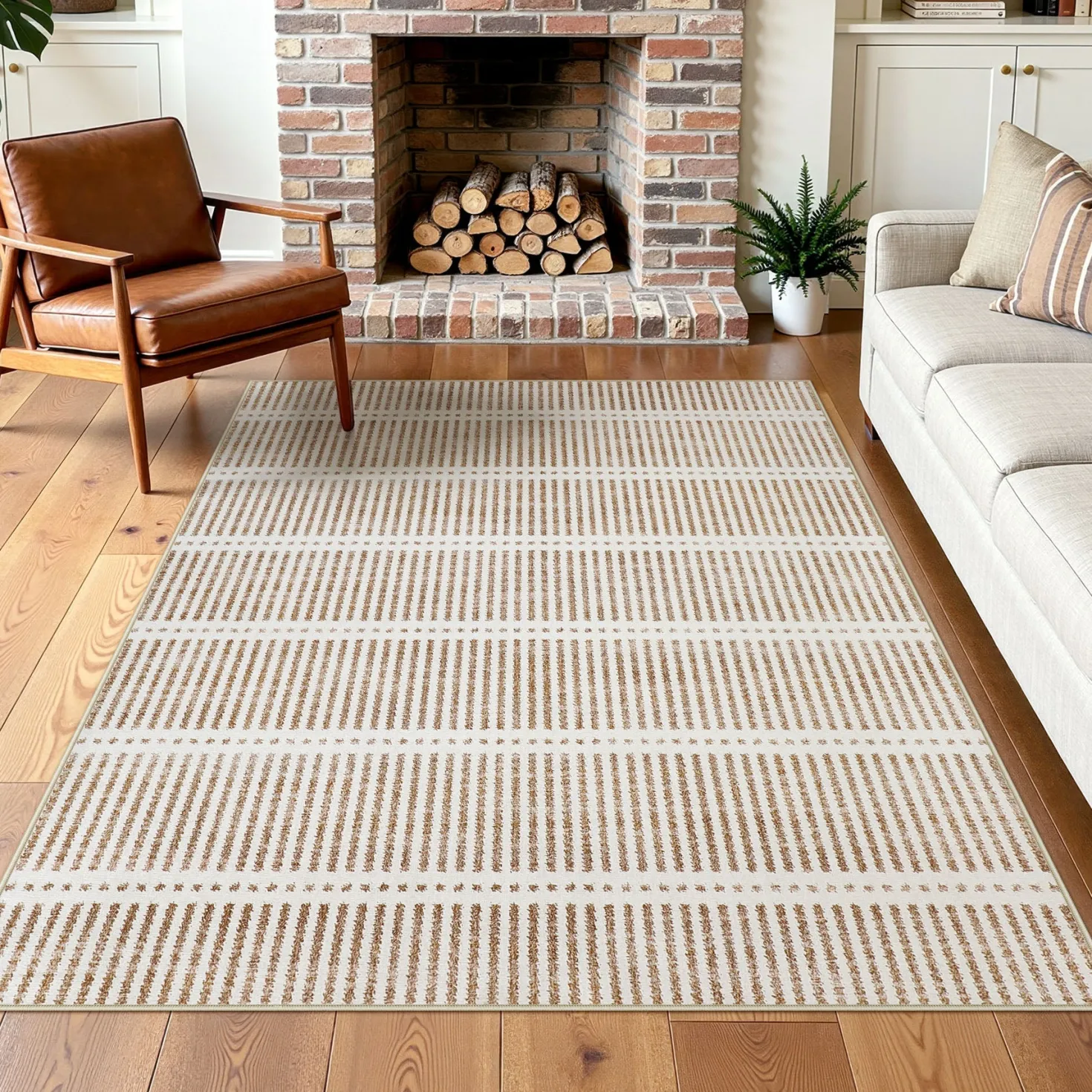 3x5/5x7 Ultra Thin Washable Area Rugs, Modern Non-Slip Striped Farmhouse Soft Indoor Carpet for Bedside Living Room, Oeko-Tex Certified