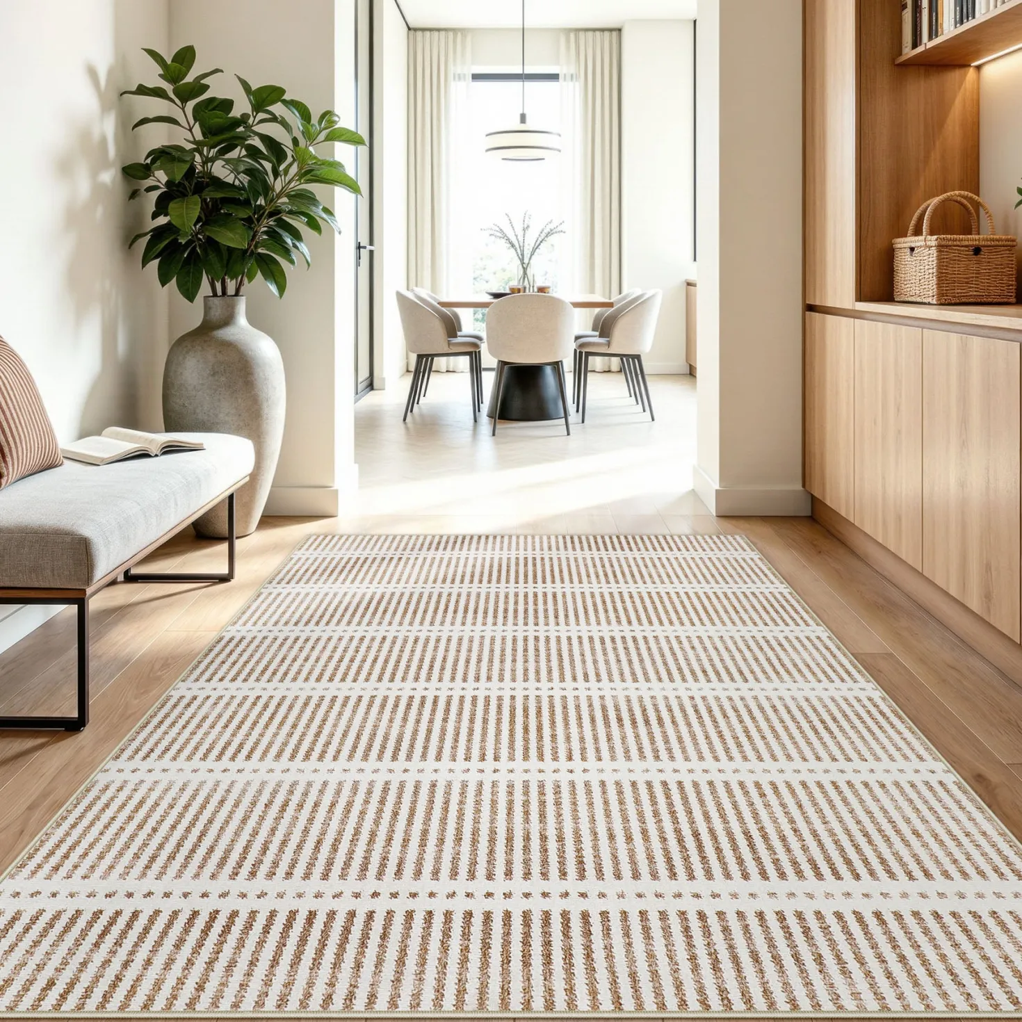 3x5/5x7 Ultra Thin Washable Area Rugs, Modern Non-Slip Striped Farmhouse Soft Indoor Carpet for Bedside Living Room, Oeko-Tex Certified