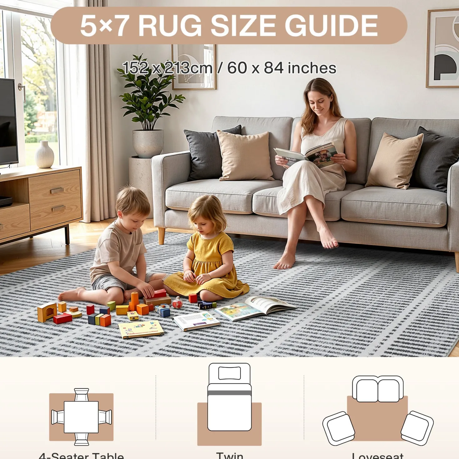 3x5/5x7 Ultra Thin Washable Area Rugs, Modern Non-Slip Striped Farmhouse Soft Indoor Carpet for Bedside Living Room, Oeko-Tex Certified