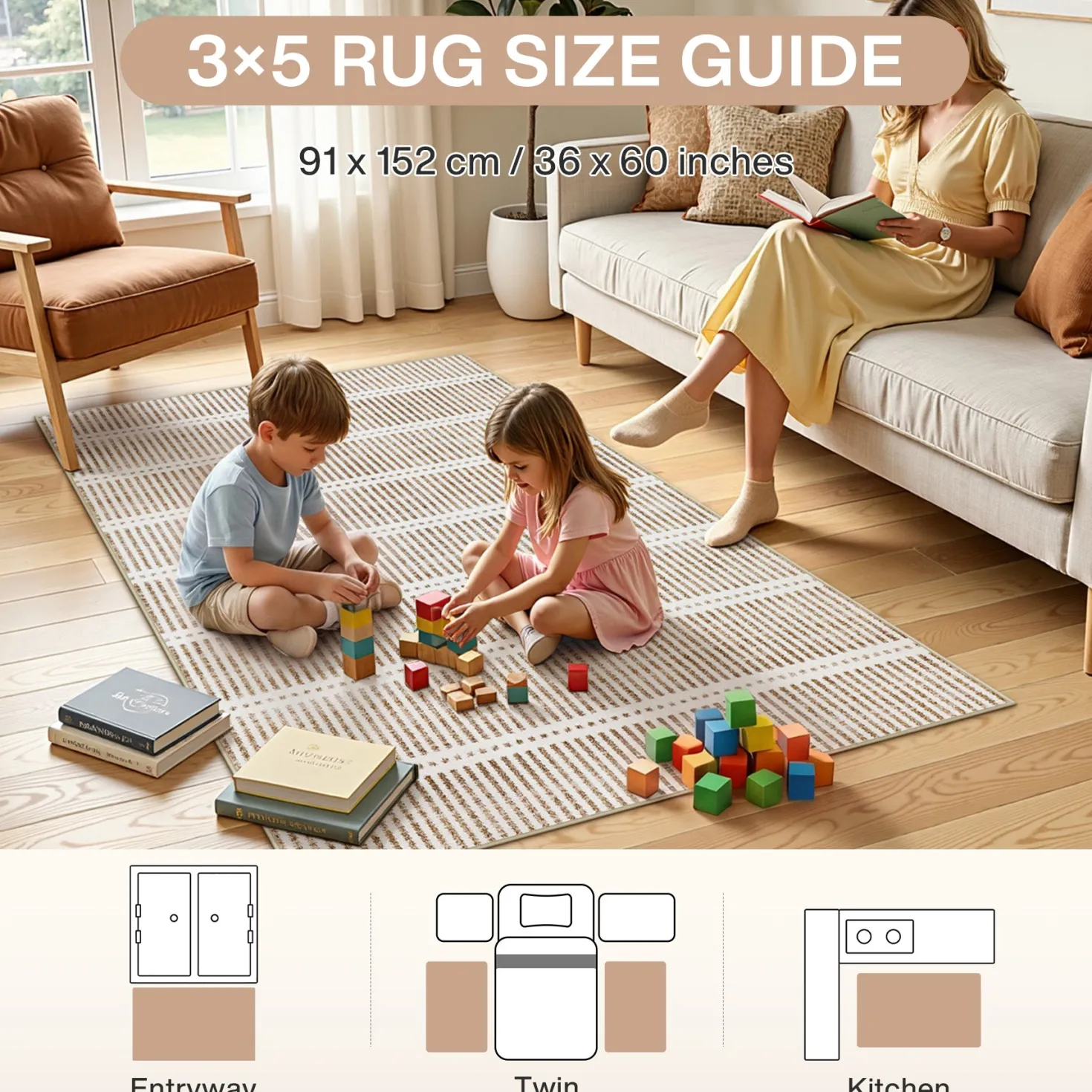 3x5/5x7 Ultra Thin Washable Area Rugs, Modern Non-Slip Striped Farmhouse Soft Indoor Carpet for Bedside Living Room, Oeko-Tex Certified