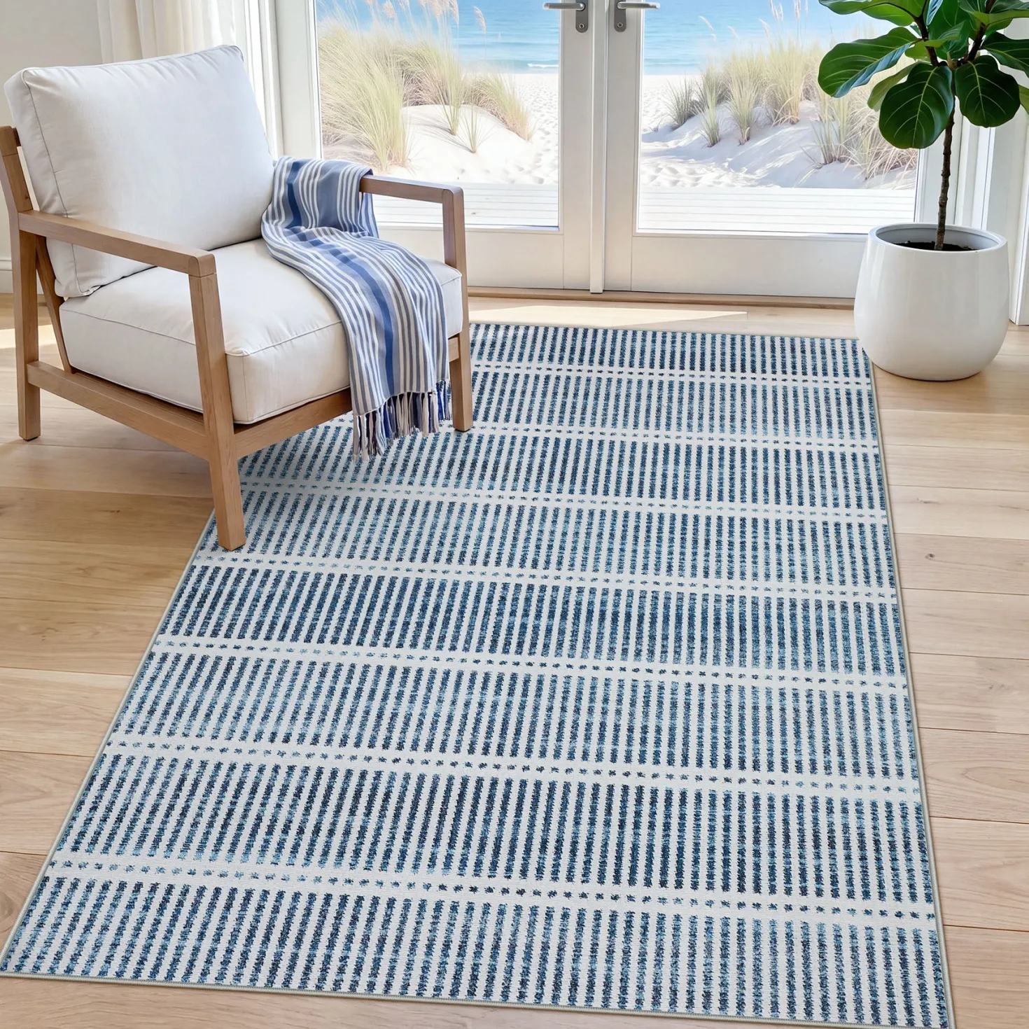 3x5/5x7 Ultra Thin Washable Area Rugs, Modern Non-Slip Striped Farmhouse Soft Indoor Carpet for Bedside Living Room, Oeko-Tex Certified
