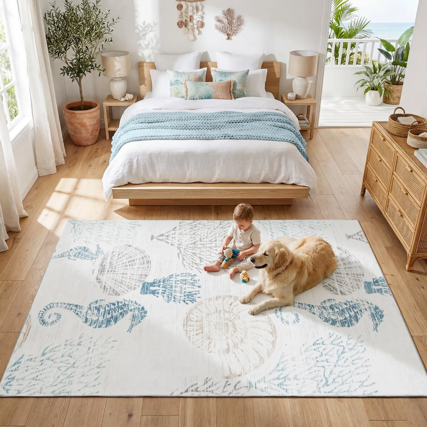 2x6/5x7/8x10 Boho Coastal Area Rug, Washable Non Slip Animal Indoor Carpet for Living room Bedroom, Oeko-Tex Certified