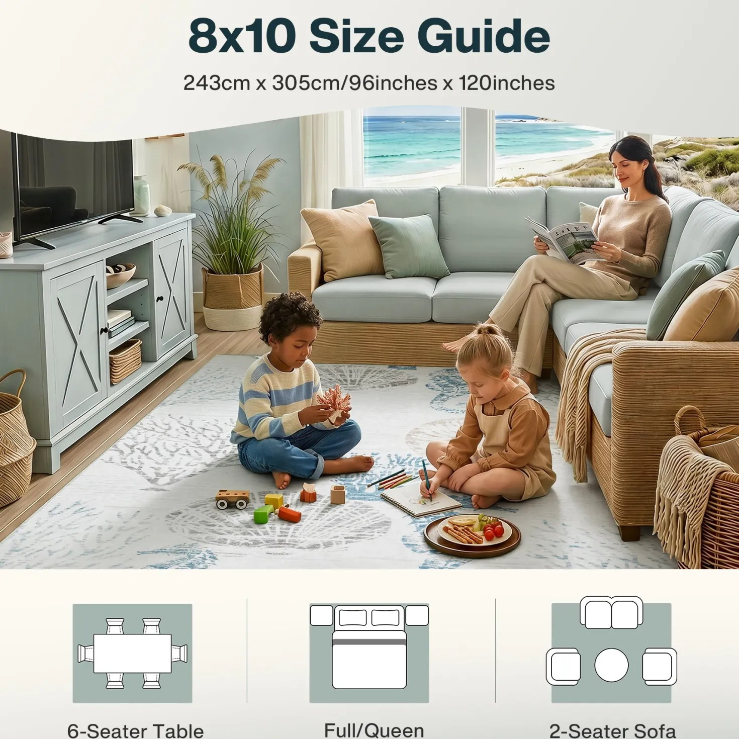 2x6/5x7/8x10 Boho Coastal Area Rug, Washable Non Slip Animal Indoor Carpet for Living room Bedroom, Oeko-Tex Certified