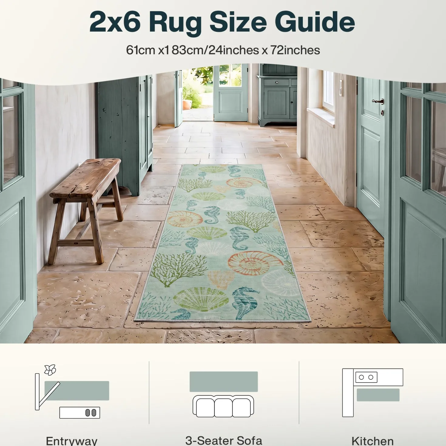 2x6/5x7/8x10 Boho Coastal Area Rug, Washable Non Slip Animal Indoor Carpet for Living room Bedroom, Oeko-Tex Certified