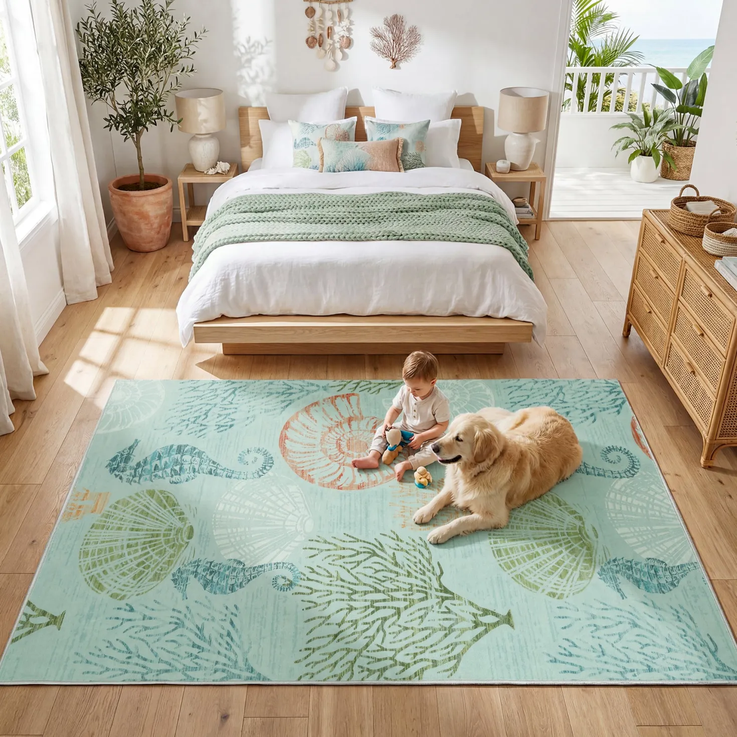 2x6/5x7/8x10 Boho Coastal Area Rug, Washable Non Slip Animal Indoor Carpet for Living room Bedroom, Oeko-Tex Certified