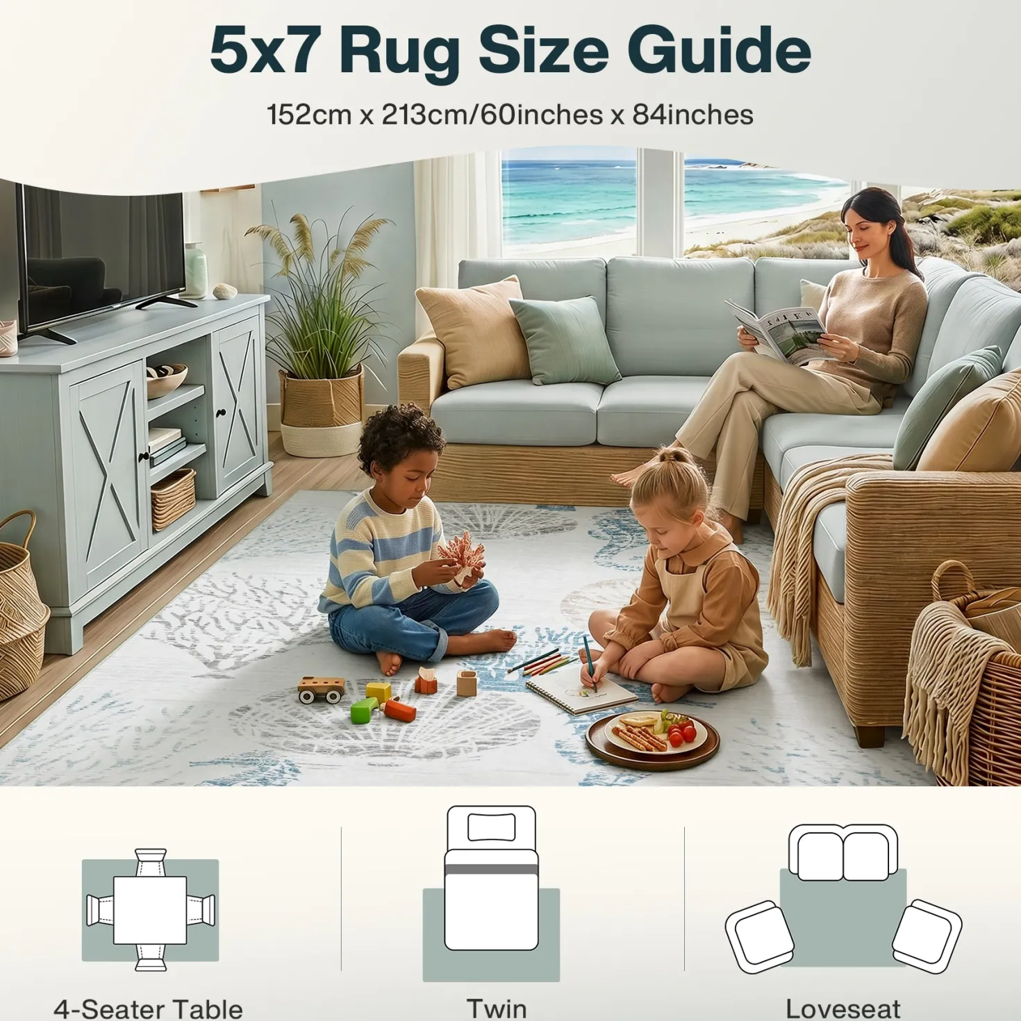 2x6/5x7/8x10 Boho Coastal Area Rug, Washable Non Slip Animal Indoor Carpet for Living room Bedroom, Oeko-Tex Certified
